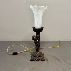 VTG Art Nouveau Meyda Lighting 13” High Spotted White Tiffany Pond Lilly Cherub